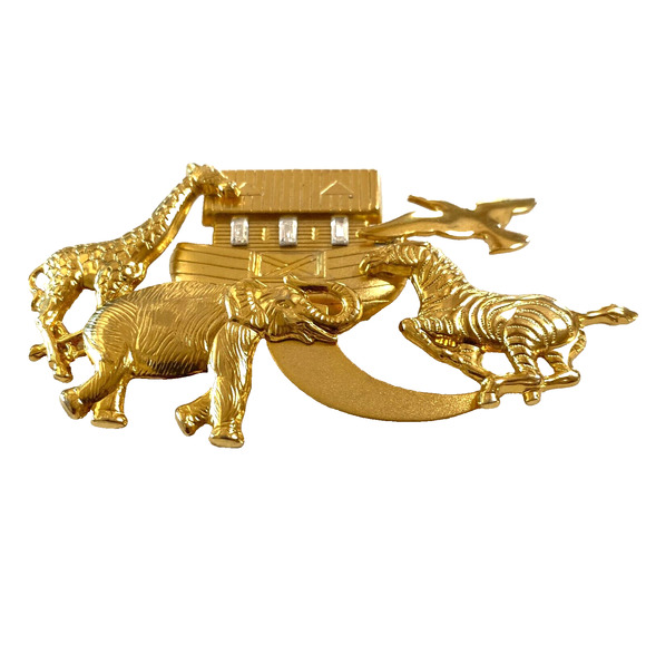 unknown Jewelry - Noahs Ark 3" Brooch Pin Gold Tone Crystals Christian Religious Animals Bible NEW